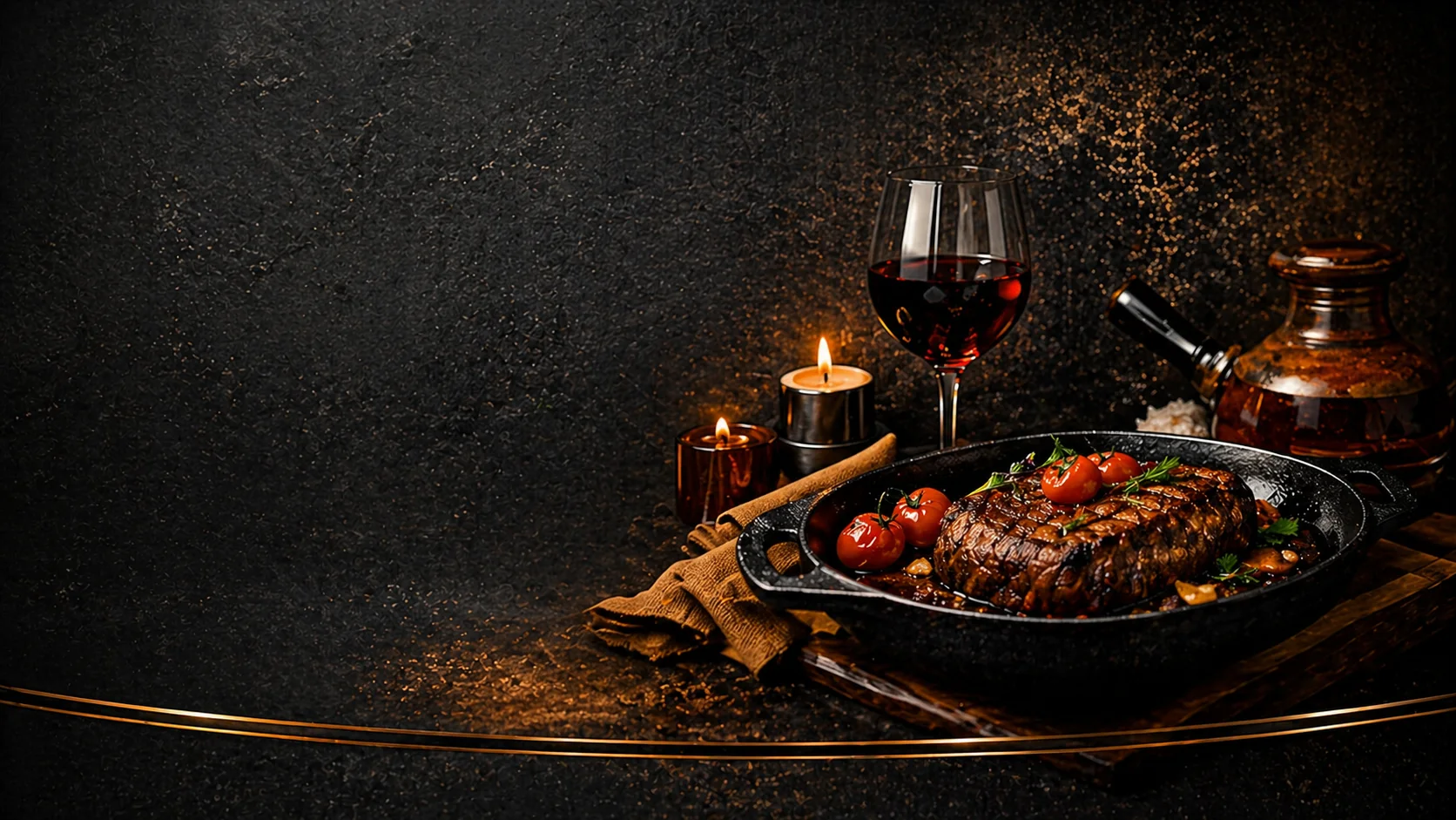 Butcher Restaurant And Steak House: ciemna kamienna ściana, stek, świece i kieliszek wina