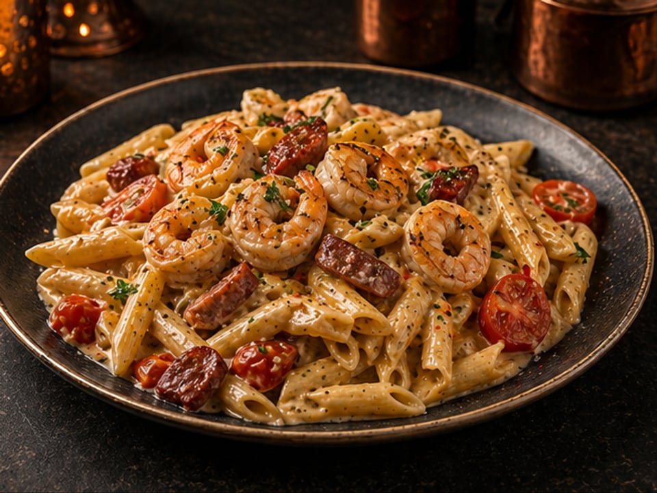 Penne z chorizo, krewetkami i mascarpone
