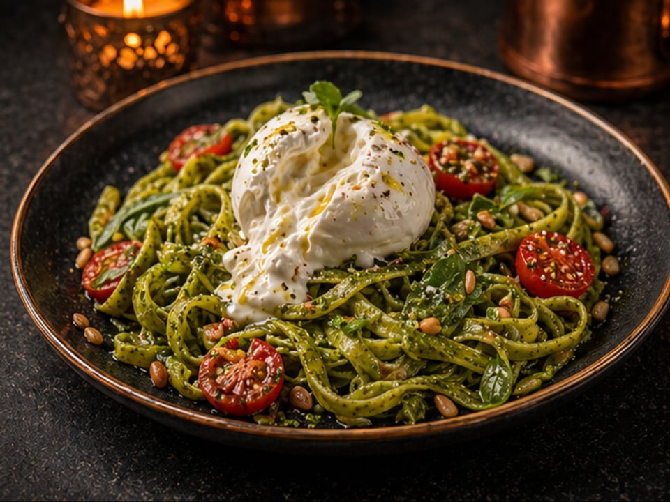 Tagliatelle w domowym pesto i burratą